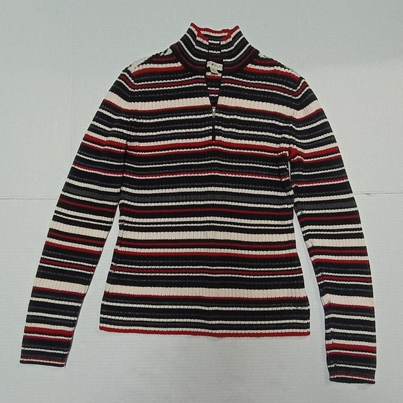 Vintage Y2K Tommy Hilfiger 1/4 Zip Red Black Stripe Mock Cotton Sweater Medium - Picture 1 of 9